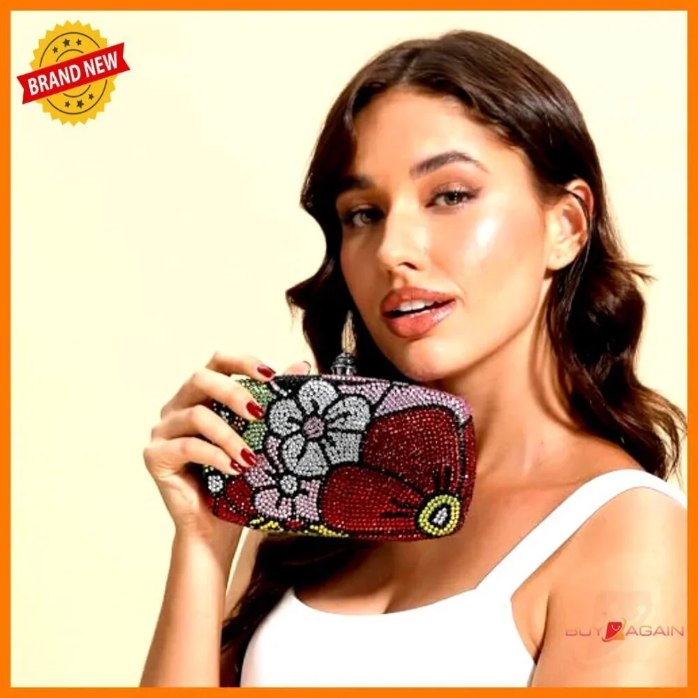 Mini Flower Crystal Clutch Evening Bag with Detachable Chain Straps